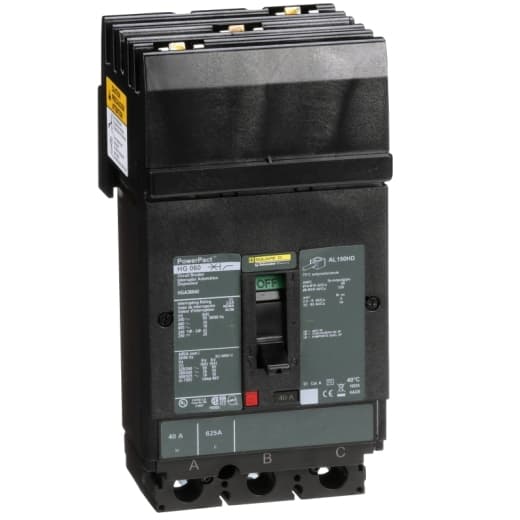 Schneider Electric HGA36040 Square D by Schneider Electric HGA36040 is a Moulded Case Circuit Breaker (MCCB) within the PowerPacT HGA sub-range, featuring a PowerPact H-Frame 150 TMD design. It is a 3-pole (3P) device with a rated current of 40A and offers thermal protection for overload and magnetic protection for short-circuit scenarios. The breaker is designed for I-line connection across ABC phases and supports a rated insulation voltage (Ui) of 750 V, with AC rated voltages of 600Vac and 600Y/347Vac, and a DC rated voltage of 500Vdc. It mounts on I-line with line side isolated plug-on jaws plus a mechanical I-Line bracket mechanism, ensuring a robust attachment. The device has a net height of 163 mm, a width of 104 mm, and a depth of 86 mm. It offers a degree of protection of IP40 and operates manually via a toggle. Protection settings include over-current fixed at 40A, short-circuit hold current fixed at 400A, and short-circuit trip current fixed at 850A. The rated operating voltage (Ue) is 690 V, with a rated impulse voltage (Uimp) of 8 kV. The trip current rating is 40 AT, with a frame current rating of 150 AF. Its short circuit breaking rating varies across voltages, with 65kA at 240Vac, 35kA at 480Vac and 480Y/277Vac, 18kA at 600Vac and 600Y/347Vac, and 20kA at 250Vdc and 500Vdc, all according to UL489 standards. The trip unit type is thermal-magnetic (fixed), and it does not include a display. The utilisation category is A. HGA36040 on Powermatic Associates