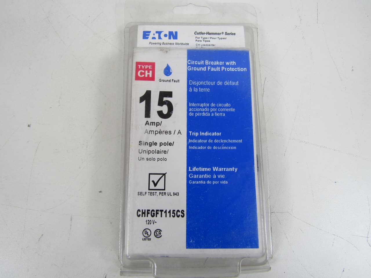 Eaton CHFGFT115CS CHFGFT115CS Eaton - Eaton CH GFCI circuit breaker,Ground fault circuit breaker,Clamshell pack,15 A,10 kAIC,Single-pole,CHFGF,Ground fault circuit interrupter,GFCI Self Test with flag CHFGFT115CS on Powermatic Associates