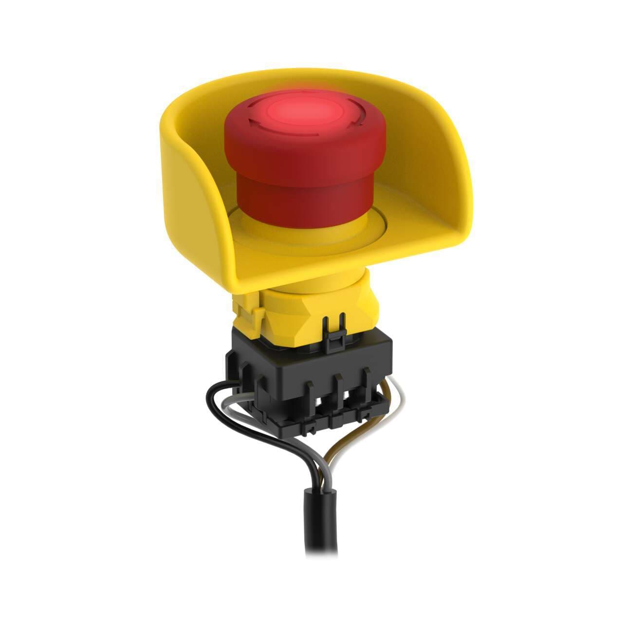Banner SSA-EB1PS1-02-A01 SSA-EB1 Panel-mount Emergency Stop Push Button; ISD Connect Compatible; 40 mm Actuator; Contacts: 2NC; M12 Integral QD Pigtail; 30 mm Mounting Hole; ESC-1-YW Button Shroud Included SSA-EB1PS1-02-A01 on Powermatic Associates