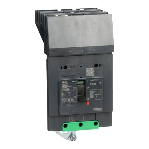 Schneider Electric BDA36030 Square D by Schneider Electric BDA36030 is a Moulded Case Circuit Breaker (MCCB) within the PowerPacT BDA sub-range. It features a PowerPact B-Frame 100 TMD 3P 30A design, suitable for 600Y/347Vac with a 14kA I-line ABC 80% rated. The rated impulse voltage (Uimp) is 8 kV, and it offers an I-line connection for ABC phases. With an IP40 degree of protection, this MCCB has a rated current of 30A and a rated voltage of 600Vac 600Y/347Vac. It is designed for mechanical durability of 20,000 operations at no load and mounts on I-line with line side isolated plug-on jaws plus a mechanical I-Line bracket mechanism. This 3-pole (3P) device has dimensions of 137 mm in height, 89 mm in depth, and 81 mm in width. It falls under utilisation category A and offers protection settings including over-current fixed at 30A, short-circuit hold current fixed at 400A, and short-circuit trip current fixed at 600A. The rated voltage for DC applications is 250Vdc, with a rated insulation voltage (Ui) of 800 V and a rated operating voltage (Ue) of 525 V. It provides thermal protection for overload and magnetic protection for short-circuits, with a trip current rating of 30 AT. Its electrical durability with load is rated for 10,000 operations at 440Vac; In. The frame current rating is 100 AF, and it operates via a toggle (manual) mode. The short circuit breaking rating varies by voltage: 25kA at 240Vac, 18kA at 480Vac and 480Y/277Vac, and 14kA at 600Y/347Vac, all according to UL489 standards. The trip unit type is thermal-magnetic (fixed) with no display. BDA36030 on Powermatic Associates
