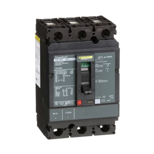 Schneider Electric HGL36060 Square D by Schneider Electric HGL36060 is a Moulded Case Circuit Breaker (MCCB) from the PowerPacT HGL sub-range, designed with a PowerPact H-Frame 150 TMD 3P 60A 600Vac/500Vdc 18kA with lugs 80% rated. It features a 3-pole (3P) configuration and offers both thermal protection (overload) and magnetic protection (short-circuit). The rated current is 60A, with a rated insulation voltage (Ui) of 750 V, and it operates at a rated voltage (AC) of 600Vac 600Y/347Vac. This unit is designed for individual unit mount on plate, with a net height of 163 mm, a net width of 104 mm, and a net depth of 86 mm. It has an IP40 degree of protection and operates with a toggle (manual) mode. The protection settings include over-current fixed at 60A, short-circuit hold current fixed at 800A, and short-circuit trip current fixed at 1450A. The rated operating voltage (Ue) is 690 V, with a rated impulse voltage (Uimp) of 8 kV. The trip current rating is 60 AT, with a frame current rating of 150 AF. Its short circuit breaking rating includes 65kA (240Vac; UL489), 35kA (480Vac; UL489), 35kA (480Y/277Vac; UL489), 18kA (600Vac; UL489), 18kA (600Y/347Vac; UL489), 20kA (250Vdc; UL489), and 20kA (500Vdc; UL489). The trip unit type is thermal-magnetic (fixed) with no display, and it falls under the utilisation category A. Connection type includes lugs on both load and line sides. HGL36060 on Powermatic Associates