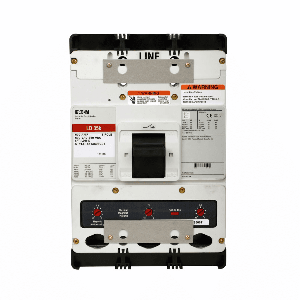 Eaton LDC3600T76W LDC3600T76W Eaton - Eaton Series C electronic molded case circuit breaker, L-frame, LDC, Complete breaker, OPTIM 750, Electronic LSIG trip, Three-pole, 600A, 600 Vac, 250 Vdc, 200 kAIC at 240 Vac, 100 kAIC at 480 Vac, Without terminals, 50/60 Hz LDC3600T76W on Powermatic Associates