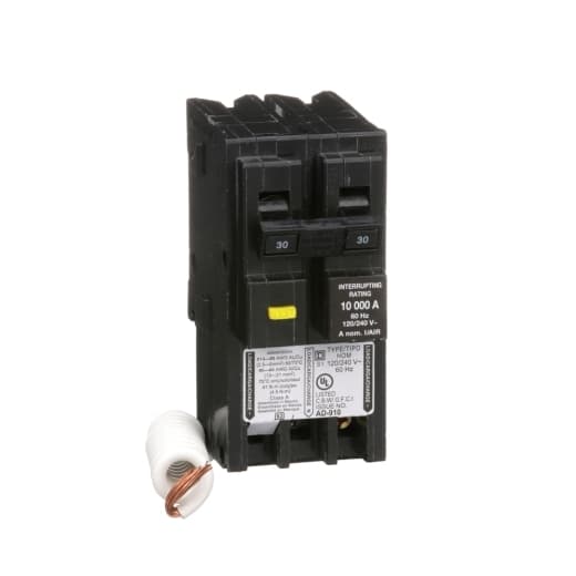 Schneider Electric HOM230GFI Square D by Schneider Electric HOM230GFI is a Ground Fault Interrupter (GFI) Miniature Circuit Breaker (MCB) designed for plug-in connections. This 2-pole circuit breaker offers ground fault protection with a rated current of 30A and supports a rated voltage of 120V to 240V AC. It is engineered for plug-in mounting and accommodates a cross-section of 12-4AWG (1 cable Al). The HOM230GFI features a residual current sensitivity of 6mA/0.006 and a short circuit breaking rating of 10kA at 120Vac. It is equipped with screw clamp type terminals for secure connections. HOM230GFI on Powermatic Associates