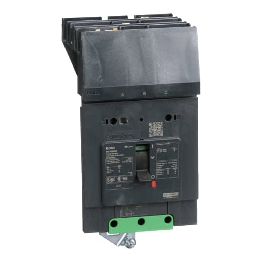 Schneider Electric BGA36060 Square D by Schneider Electric BGA36060 is a Moulded Case Circuit Breaker (MCCB) within the PowerPacT BGA sub-range, featuring a PowerPact B-Frame 100 TMD 3P 60A 600Y/347Vac 18kA I-line design. It has a rated impulse voltage (Uimp) of 8 kV and utilizes an I-line connection for ABC phases. This MCCB offers a degree of protection of IP40 and has a rated current of 60A with a rated voltage (AC) of 600Vac 600Y/347Vac. It is designed for mechanical durability of 20,000 operations at no load and mounts on I-line with line side isolated plug-on jaws plus a mechanical I-Line bracket mechanism for robust attachment. The unit has 3 poles (3P), with dimensions of 137 mm in height, 89 mm in depth, and 81 mm in width. It falls under utilisation category A and features over-current protection fixed at 60A, short-circuit hold current fixed at 640A, and short-circuit trip current fixed at 960A. The rated voltage (DC) is 250Vdc, with a rated insulation voltage (Ui) of 800 V and a rated operating voltage (Ue) of 525 V. Protection functions include thermal protection for overload and magnetic protection for short-circuit, with a trip current rating of 60 AT. Its electrical durability with load is 10,000 operations at 440Vac; In, and it has a frame current rating of 100 AF. The operating mode is toggle (manual), and it has a short circuit breaking rating of 65kA at 240Vac, 35kA at 480Vac, 35kA at 480Y/277Vac, and 18kA at 600Y/347Vac under UL489 standards. The trip unit type is thermal-magnetic (fixed) with no display. BGA36060 on Powermatic Associates