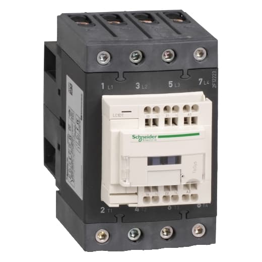 Schneider Electric LC1DT80A3BD Schneider Electric LC1DT80A3BD is a magnetic contactor from the Deca sub-range, featuring EverLink(TM) terminal design for secure connections. It is equipped with spring connections for control and screw connections for power, ensuring a robust connection system. This 4-pole (4NO) contactor is designed to handle a rated current of 80A (AC-1) and can be mounted on a DIN rail. With a net width of 70 mm and an IP20 degree of protection, it is compact and offers basic protection against touch. The control voltage ranges from 18-30Vdc, with a nominal 24Vdc, and operates within 0.75 to 1.25 times the control voltage (Uc). It includes 1 Normally Open (NO) and 1 Normally Closed (NC) auxiliary contacts, both of the instantaneous type (1NO+1NC). The mechanical durability of the contactor is rated at 6 million operations at no load, and it can handle a rated impulse voltage (Uimp) of 6 kV. The rated voltage for phase-to-phase connections is up to 690 V AC. LC1DT80A3BD on Powermatic Associates