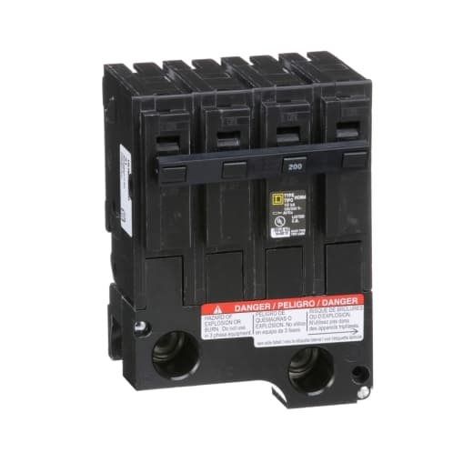 Schneider Electric HOM2200BB Square D by Schneider Electric HOM2200BB is a Miniature Circuit Breaker (MCB) designed with a plug-in connection and is suitable for 2 Pole(s) configurations. It has a rated current of 200A and can operate at a rated voltage of 120 V to 240 V AC. The mounting mode for this MCB is plug-in, and it accommodates a cross-section of 4AWG-300kcmil for 1 cable Al/Cu. It features a short circuit breaking rating of 10kA at 120Vac and is equipped with box lugs type of terminals. HOM2200BB on Powermatic Associates