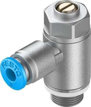 Festo 193143 one-way flow control valve GRLA-1/8-QS-4-D Valve function: One-way flow control function for exhaust air, Pneumatic connection, port 1: QS-4, Pneumatic connection, port 2: G1/8, Adjusting element: Slotted head screw, Mounting type: Threaded 193143 on Powermatic Associates