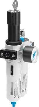 Festo 194896 service unit FRCS-1/4-D-5M-MIDI Filter/pressure regulator/lubricator combination, D series, with lockable regulator head. Size: Midi, Series: D, Actuator lock: Rotary knob with integrated lock, Assembly position: Vertical +/- 5°, Condensate drain: manual  194896 on Powermatic Associates