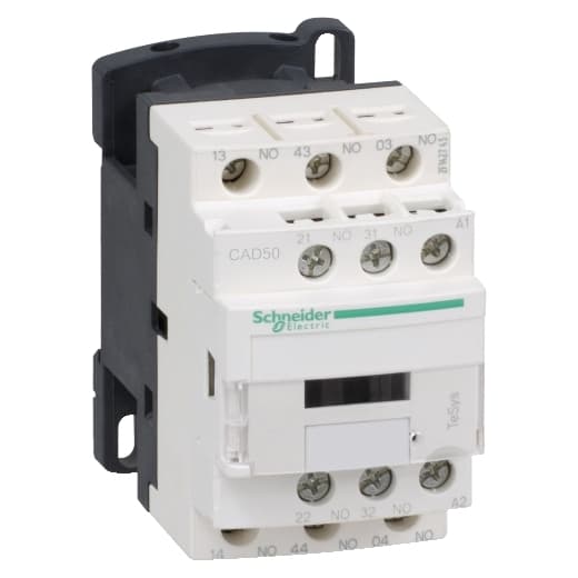 Schneider Electric CAD506BL Schneider Electric CAD506BL is a plate DIN rail-mounted automation part featuring lugs-ring type terminals for secure connections. It is designed with SPST-NO (Single Pole Single Throw - Normally Open) contacts, totaling five in number, to facilitate straightforward circuit control. This component is characterized by a mechanical durability of 30,000,000 operations at no load, ensuring longevity in repetitive tasks. It falls under the utilisation categories of AC-14, AC-15, and DC-13, making it versatile for various electrical applications. With an operating rate of 10,800 cycles per hour, it supports a high frequency of operations within its design parameters. CAD506BL on Powermatic Associates