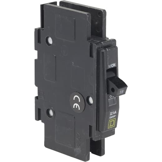 Schneider Electric QOU150VH Square D by Schneider Electric QOU150VH is a unit-mount Miniature Circuit Breaker (MCB) designed for a single-pole configuration. It features slotted box lugs connections on both the load and line sides, accommodating a cross-section of 14-2AWG for one aluminum or copper cable. This MCB is rated for a current of 50A and supports rated voltages of 120V and 240V AC, with a short circuit breaking rating of 22kA at 240Vac and 5kA at 48Vdc. The terminals are of the box lugs type, ensuring a secure connection for the designated wire sizes. QOU150VH on Powermatic Associates