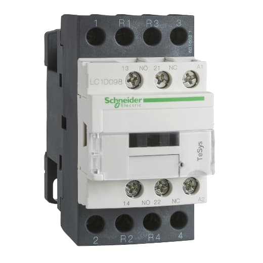 Schneider Electric LC1D188E7 Schneider Electric LC1D188E7 is a magnetic contactor from the Deca sub-range, featuring screw connections and a 4-pole (4P; 2NO+2NC) configuration. It has a rated current of 32A (AC-1) and is designed for DIN rail mounting. The net width of the contactor is 45 mm, and it offers a degree of protection of IP20. The control voltage (AC) ranges from 38.4-52.8Vac (48Vac nominal; 50Hz; 0.8...1.1 x Uc) to 40.8-52.8Vac (48Vac nominal; 60Hz; 0.85...1.1 x Uc), with a rated operating voltage (Ue) of 690 V. It includes 1 Normally Open (NO) and 1 Normally Closed (NC) auxiliary contacts, with a contact type of 1NO+1NC instantaneous auxiliaries. The LC1D188E7 has a mechanical durability of 15,000,000 operations at no load, a rated impulse voltage (Uimp) of 6 kV, and a rated voltage (AC) phase-to-phase of 690 V. LC1D188E7 on Powermatic Associates