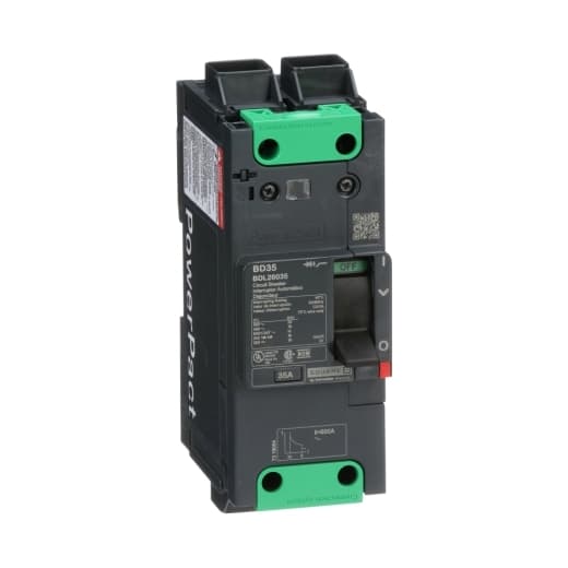 Schneider Electric BDL26035 Square D by Schneider Electric BDL26035 is a Moulded Case Circuit Breaker (MCCB) within the PowerPacT BDL sub-range, featuring a PowerPact B-Frame 100 TMD 2P 35A 600Y/347Vac 14kA design. It has a rated impulse voltage (Uimp) of 8 kV and utilizes Everlink (Creep compensating) lugs for connections on both line and load sides, offering a degree of protection of IP40. The rated current is 35A, with a rated voltage (AC) of 600Vac 600Y/347Vac. It is designed for mechanical durability of 20,000 operations at no load and can be mounted either on a DIN rail or as an individual unit on a plate. This 2-pole (2P) circuit breaker has dimensions of 137 mm in height, 80 mm in depth, and 54 mm in width. It falls under utilisation category A and features protection settings for over-current fixed at 35A, short-circuit hold current fixed at 400A, and short-circuit trip current fixed at 600A. The rated voltage (DC) is 250Vdc, with a rated insulation voltage (Ui) of 800 V and a rated operating voltage (Ue) of 525 V. It provides thermal protection for overload and magnetic protection for short-circuits, with a trip current rating of 35 AT. Its electrical durability with load is rated for 10,000 operations at 440Vac; In. The frame current rating is 100 AF, and it operates via a toggle (manual) mode. The short circuit breaking rating varies: 25kA at 240Vac, 18kA at 480Vac and 480Y/277Vac, and 14kA at 600Y/347Vac under UL489 standards, with a 10kA rating at 250Vdc. The trip unit type is thermal-magnetic (fixed) without a display. BDL26035 on Powermatic Associates