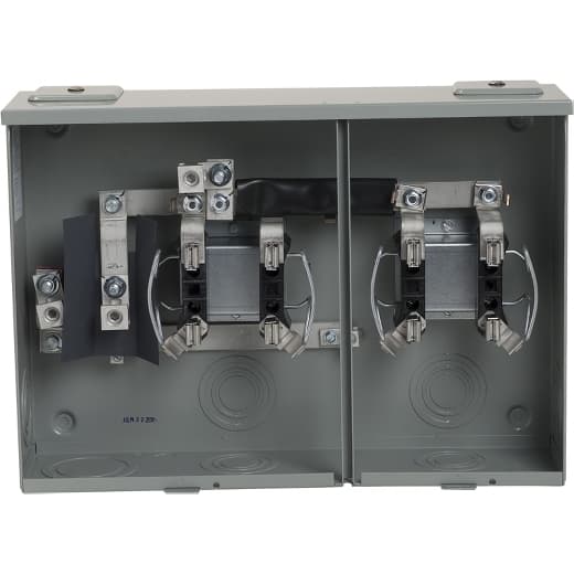Schneider Electric UHT2R1421C Square D by Schneider Electric UHT2R1421C is a meter center main unit designed for surface mounting. It features a single ringless meter socket equipped with 4 jaws, lacking a jaw release mechanism, and includes a horn bypass. The enclosure is made of steel, ensuring durability. Connection to the unit is facilitated through studs. It is rated for a current of 100A and can accommodate wire sizes ranging from 6AWG to 350kcmil for lugs and 8AWG to 2/0AWG. The UHT2R1421C is designed to operate within a single-phase (1PH-3W) network and can handle voltages up to 600Vac. It is protected by a NEMA 3R enclosure, making it suitable for outdoor applications where some level of protection against weather is required. UHT2R1421C on Powermatic Associates
