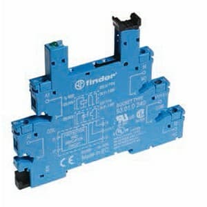 Finder 93.01.7.024 Finder 93.01.7.024 is a socket designed for DIN rail mounting, featuring a box-clamp connection type. It is rated for a current of 6A and has a degree of protection marked as IP20. This part operates with a control voltage of 24Vdc and conforms to the EN61984 standard. The power consumption indicator is blue, indicating its operational status. 93.01.7.024 on Powermatic Associates