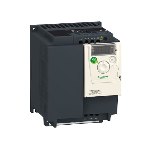 Schneider Electric ATV12HU30M3 Schneider Electric ATV12HU30M3 is a Variable Speed/Frequency Drive (VSD/VFD) / Inverter from the Altivar 12 series designed with a built-in heatsink. It operates on a supply voltage of 170-264Vac, compatible with 200Vac, 220Vac, 230Vac, and 240Vac nominal values. This model features dimensions of H184mm x W140mm x D141.2mm and offers an IP20 degree of protection. It is rated for a current of 12.2A at 4kHz, with a maximum current of 18.3A for up to 60 seconds. The ATV12HU30M3 supports wall mounting and uses the Modbus communication protocol over a 3-phase network. It outputs frequencies ranging from 0.1 to 400 Hz and operates efficiently in ambient air temperatures ranging from -10 to +50°C without derating. The device includes 1 analog output (0-10Vdc / 0-20mA), 4 digital inputs (24Vdc; sink/source) (LI1-LI4), 2 digital outputs (24Vdc; sink/source) (LO) and (C/O SPDT relay contact) (R1), and 1 analog input (0-5Vdc / 0-10Vdc / 0-20mA). It has a current consumption of 19A at 200Vac and 15.9A at 240Vac, with a rated active power of 3kW or 3HP and power dissipation/losses of 94 W. ATV12HU30M3 on Powermatic Associates