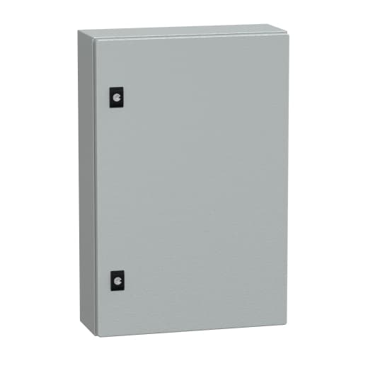 Schneider Electric NSYCRN64150 Schneider Electric NSYCRN64150 is a wall-mounted empty compact universal enclosure with a plain door, designed for wall mounting through wall fixing with 4 holes, sealed with plastic plugs to ensure an IP66 and NEMA 4 degree of protection. This enclosure, part of the CRN sub-range, measures 600 mm in height, 400 mm in width, and 150 mm in depth. It is constructed from steel and coated with an epoxy-polyester painting for durability. The enclosure is finished in grey (RAL 7035) and features a 3 mm double-bar lock type for securing the contents. NSYCRN64150 on Powermatic Associates