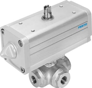 Festo 1915074 ball valve actuator unit VZBA-1/2"-GGG-63-32T-F0304-V4V4T-PP30-R- 3/2-way, flange hole pattern F0304, thread EN 10226-1. Design structure: (* 3-way ball valve, * T hole), Type of actuation: pneumatic, Assembly position: Any, Mounting type: Line installati 1915074 on Powermatic Associates
