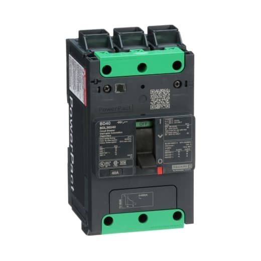 Schneider Electric BDL36040 Square D by Schneider Electric BDL36040 is a Moulded Case Circuit Breaker (MCCB) within the PowerPacT BDL sub-range, featuring a PowerPact B-Frame 100 TMD 3P 40A design for 600Y/347Vac with a 14kA short circuit breaking rating and 80% rated Everlink (Creep compensating) lugs on both line and load sides. It has a rated impulse voltage (Uimp) of 8 kV, connection type of Everlink lugs, and offers a degree of protection of IP40. The rated current is 40A, with a rated voltage (AC) of 600Vac 600Y/347Vac, and it has a mechanical durability of 20,000 operations at no load. This MCCB is designed for fixed mounting on DIN rail or as an individual unit mount on a plate, features 3 poles (3P), and has dimensions of 137 mm in height, 80 mm in depth, and 81 mm in width. It falls under utilisation category A, with protection settings including over-current fixed at 40A, short-circuit hold current fixed at 400A, and short-circuit trip current fixed at 600A. The rated voltage (DC) is 250Vdc, with a rated insulation voltage (Ui) of 800 V, and a rated operating voltage (Ue) of 525 V. Protection functions include thermal protection for overload and magnetic protection for short-circuit, with a trip current rating of 40 AT. Its electrical durability with load is 10,000 operations at 440Vac; In, and it has a frame current rating of 100 AF. The operating mode is toggle (manual), and the trip unit type is thermal-magnetic (fixed) with no display. BDL36040 on Powermatic Associates