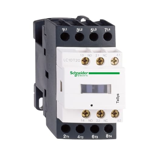 Schneider Electric LC1DT20MD Schneider Electric LC1DT20MD is a magnetic contactor from the Deca sub-range, designed with screw connections and equipped with 4 poles (4NO). It has a rated current of 20A (AC-1) and is suitable for DIN rail mounting. The dimensions include a net width of 45 mm and it offers a degree of protection rated at IP20. This contactor operates with a control voltage (DC) range of 165-275Vdc, with a nominal value of 220Vdc, and supports a rated operating voltage (Ue) up to 690 V. It features 1 Normally Open (NO) and 1 Normally Closed (NC) auxiliary contacts, with the contacts type being 1NO+1NC instantaneous auxiliaries. The LC1DT20MD is capable of withstanding a rated impulse voltage (Uimp) of 6 kV and boasts a mechanical durability of 15,000,000 operations at no load. The rated voltage (AC) for phase-to-phase connections is 690 V. LC1DT20MD on Powermatic Associates