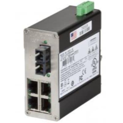 Red Lion 105FX-SC-MDR Red Lion 105FX-SC-MDR is an industrial Ethernet switch designed for automation networks. It operates with a supply voltage range of 10-30Vdc, including redundant power inputs to enhance system reliability. This switch features four RJ45 ports supporting 10/100BaseTX and one fiber optic SC connector for multi-mode fiber with a 2km rated optical length, suitable for extending network connections over longer distances. The unit is housed in a metallic case designed for tall enclosure mounting on a metal DIN rail (MDR), ensuring compatibility with industrial environments. It operates within an ambient air temperature range for storage of -40 to +70 degrees Celsius. With a control voltage for maximum throughput of 1Gbit/s, it meets the IP30 rated voltage (AC) and is equipped with Ethernet rated impulse voltage (Uimp) technology. The 105FX-SC-MDR, part of the N-Tron 100 series, is specified to have 5 ports and adheres to the relevant UNSPSC code for its category. 105FX-SC-MDR on Powermatic Associates