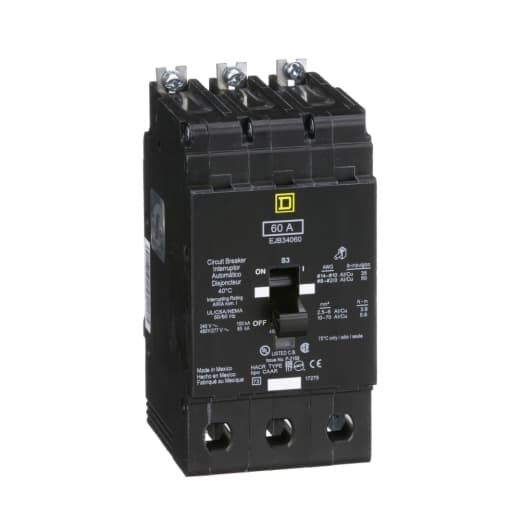 Schneider Electric EJB34060 Square D by Schneider Electric EJB34060 is a Miniature Circuit Breaker (MCB) designed for bolt-on mounting with a visual trip indicator. It features lugs type terminals and an aluminium lugs connection. This MCB operates at a rated voltage of 480 V AC, with a rated current of 60A and is suitable for circuits with a cross-section of 12-2/0AWG. It is a 3 Pole device offering protection functions against short-circuit and overload conditions. The EJB34060 serves as both an Equipment Protection Device (EPD) and a Circuit Breaker (CB) with a breaking capacity code J. It has a short circuit breaking rating of 100kA at 120Vac and 240Vac, and 65kA at 480Y/277Vac. The thermal-magnetic trip unit type has protection settings with a trip unit rating of 1800A. EJB34060 on Powermatic Associates