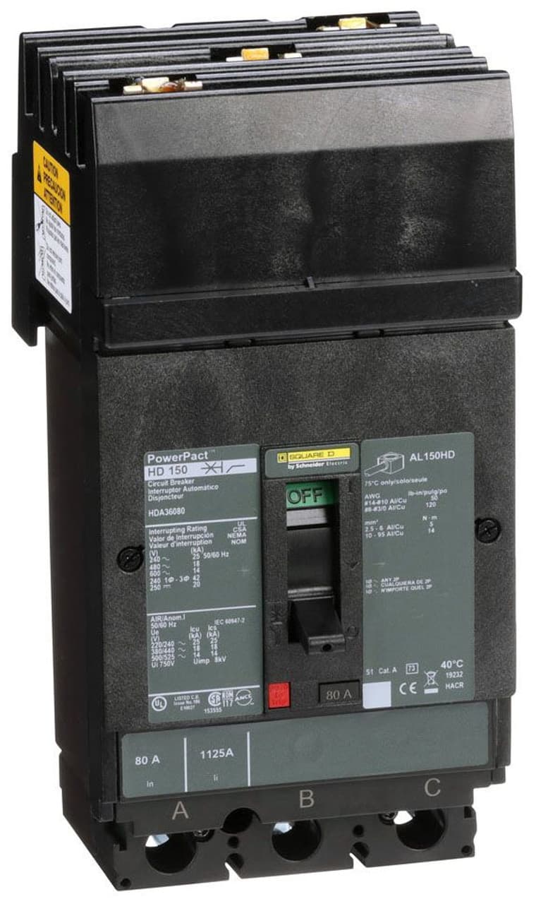 Schneider Electric HDA36080 Square D by Schneider Electric HDA36080 is a Moulded Case Circuit Breaker (MCCB) within the PowerPacT HDA sub-range, featuring a PowerPact H-Frame 150 TMD 3P 80A 600Vac/250Vdc 14kA I-line design. It offers a 3-pole (3P) configuration with I-line connection for ABC phases. This MCCB provides thermal protection for overload scenarios and magnetic protection against short-circuits, with a rated current of 80A and a rated insulation voltage (Ui) of 750 V. The rated voltages are 600Vac 600Y/347Vac for AC and 250Vdc for DC. It is designed for mounting on I-line with line side isolated plug-on jaws plus a mechanical I-Line bracket mechanism, ensuring a robust attachment. The net dimensions are 163 mm in height, 104 mm in width, and 86 mm in depth, with a degree of protection rated at IP40. The operating mode is manual toggle, with protection settings for over-current fixed at 80A, short-circuit hold current fixed at 800A, and short-circuit trip current fixed at 1450A. The rated operating voltage (Ue) is 690 V, with a rated impulse voltage (Uimp) of 8 kV. The trip current rating is 80 AT, with a frame current rating of 150 AF. The short circuit breaking rating varies with voltage: 25kA at 240Vac, 18kA at 480Vac and 480Y/277Vac, 14kA at 600Vac and 600Y/347Vac, and 20kA at 250Vdc, all according to UL489 standards. The trip unit type is thermal-magnetic (fixed) without a display, and it falls under utilisation category A. HDA36080 on Powermatic Associates