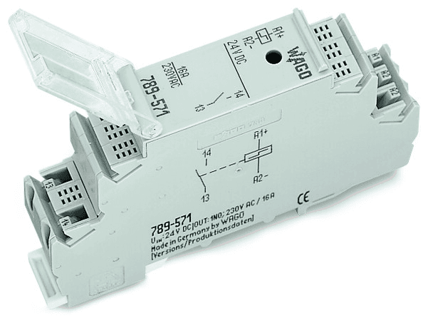 WAGO 789-570 789-570 WAGO - Latching relay module; Nominal input voltage: 230 VAC; 1 make contact; Limiting continuous current: 16 A; Red status indicator; Module width: 18 mm; 2,50 mm²; gray 789-570 on Powermatic Associates