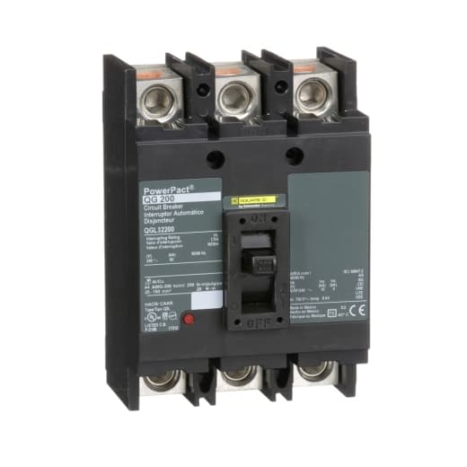 Schneider Electric QGL32200 Square D by Schneider Electric QGL32200 is a Moulded Case Circuit Breaker (MCCB) designed for individual unit mount on plate. It features a PowerPact Q-Frame 250 TMD 3P 200A 240Vac 65kA with lugs 80% rated, ensuring a net height of 114 mm, width of 164 mm, and depth of 100 mm. This MCCB, part of the PowerPacT QGL sub-range, operates with a rated current of 200A and a connection type that includes lugs on both load and line sides. It supports a rated voltage (AC) of 240Vac and is equipped with 3 poles (3P), with a rated operating voltage (Ue) of 240 V. The protection functions include thermal protection for overload and magnetic protection for short-circuit, with a trip current rating of 200 AT and a frame current rating of 250 AF. Its short circuit breaking rating stands at 65kA (240Vac; UL489). The trip unit type is a fixed thermal-magnetic technology without a display. It falls under utilisation category A, with protection settings over-current fixed at 200A, short-circuit hold current fixed at 1200A, and short-circuit trip current fixed at 2400A. QGL32200 on Powermatic Associates