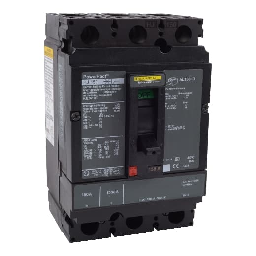 Schneider Electric HJL36150T Square D by Schneider Electric HJL36150T is a Moulded Case Circuit Breaker (MCCB) within the PowerPacT HJL sub-range, featuring a removable/interchangeable trip unit PowerPact H-Frame 150 TMD 3P 150A 600Vac/250Vdc. It has lugs on both load and line sides for connection, with a 3-pole (3P) configuration. This MCCB offers thermal protection for overload and magnetic protection for short-circuit scenarios. It has a rated current of 150A, with a rated insulation voltage (Ui) of 750 V and a rated voltage (AC) of 600Vac 600Y/347Vac. Designed for individual unit mount on plate, it measures 163 mm in height, 104 mm in width, and 86 mm in depth, with an IP40 degree of protection. The operating mode is manual toggle, and protection settings include over-current fixed at 150A, short-circuit hold current fixed at 900A, and short-circuit trip current fixed at 1700A. Its rated operating voltage (Ue) is 690 V, with a rated impulse voltage (Uimp) of 8 kV. The trip current rating is 150 AT, with a frame current rating of 150 AF. It has a short circuit breaking rating of 100kA (240Vac; UL489), 65kA (480Vac; UL489), 65kA (480Y/277Vac; UL489), 25kA (600Vac; UL489), 25kA (600Y/347Vac; UL489), and 20kA (250Vdc; UL489). The trip unit type is thermal-magnetic (fixed) with no display, and it falls under utilisation category A. HJL36150T on Powermatic Associates