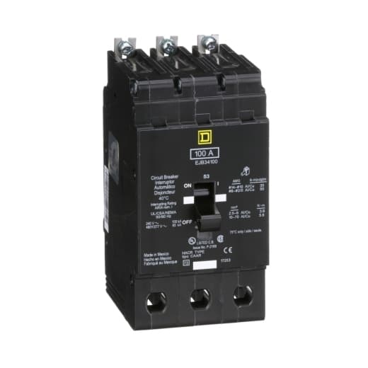 Schneider Electric EJB34100 Square D by Schneider Electric EJB34100 is a Miniature Circuit Breaker (MCB) designed for bolt-on mounting with a visual trip indicator. It features lugs type terminals and operates at a rated voltage of 480 V AC. This MCB serves as both an Equipment Protection Device (EPD) and a Circuit Breaker (CB) with a breaking capacity code J. It offers short-circuit and overload protection functions, utilizing an aluminium lugs connection. The EJB34100 is rated for a current of 100A and is a 3 Pole device, accommodating a cross-section of 12-2/0AWG. It has a short circuit breaking rating of 100kA at 120Vac and 240Vac, and 65kA at 480Y/277Vac. The thermal-magnetic trip unit type has protection settings with a trip unit rating of 2300A. EJB34100 on Powermatic Associates