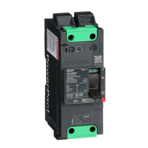 Schneider Electric BDL26025 Square D by Schneider Electric BDL26025 is a Moulded Case Circuit Breaker (MCCB) within the PowerPacT BDL sub-range, featuring a PowerPact B-Frame 100 TMD 2P 25A 600Y/347Vac with a 14kA breaking capacity and Everlink (Creep compensating) lugs on both line and load sides for connections. It has a rated impulse voltage (Uimp) of 8 kV and offers a degree of protection of IP40. The rated current is 25A, with a rated voltage (AC) of 600Vac 600Y/347Vac. This MCCB is designed for fixed mounting on DIN rail or as an individual unit mount on a plate, with a 2-pole (2P) configuration. It measures 137 mm in height, 80 mm in depth, and 54 mm in width. The utilisation category is A. It features over-current protection fixed at 25A, short-circuit hold current fixed at 400A, and short-circuit trip current fixed at 600A. The rated voltage (DC) is 250Vdc, with a rated insulation voltage (Ui) of 800 V and a rated operating voltage (Ue) of 525 V. Protection functions include thermal protection for overload and magnetic protection for short-circuit, with a trip current rating of 25 AT. Its electrical durability with load is rated for 10,000 operations at 440Vac; In, and it has a frame current rating of 100 AF. The operating mode is manual toggle, and the short circuit breaking rating varies from 25kA at 240Vac to 10kA at 250Vdc, according to UL489 standards. The trip unit type is thermal-magnetic (fixed) with no display. BDL26025 on Powermatic Associates