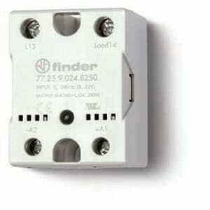 Finder 77.25.8.230.8250 Finder 77.25.8.230.8250 is a Solid State Relay (SSR) designed for modular DIN rail mount applications. It features a single Normally Open (NO) circuit with a screw-clamp connection type. The rated current for this SSR is 25A at 230Vac (AC-1), and it operates with a single pole single throw - normally open (SPST-NO) configuration. The ambient air temperature range for operation is from -30 to +80°C, and it is designed to work within a control voltage of 230Vac. This SSR has a rated impulse voltage (Uimp) of 5.6 kV and dimensions of 57.7 mm in length, 44.5 mm in net width, and 36.4 mm in poles width. It offers protection functions for one pole and supports zero-cross switching capability for AC switching. The mounting mode is specified for heatsink or panel installation. 77.25.8.230.8250 on Powermatic Associates