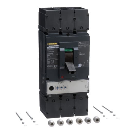 Schneider Electric LGL36400CU31X Square D by Schneider Electric LGL36400CU31X is a Moulded Case Circuit Breaker (MCCB) within the PowerPacT LGL sub-range, featuring a PowerPact L-Frame 600 Micrologic 3.3 (LI) design. It is a 3-pole (3P) device with a rated current of 400A and offers long-time (L) and instantaneous (I) protection functions. The breaker is designed for individual unit mount on plate with lugs on both load and line sides for connection. It has a rated insulation voltage (Ui) of 750 V, a rated voltage (AC) of 600Vac 600Y/347Vac, and a rated operating voltage (Ue) of 690 V. The device's degree of protection is IP40, and it operates manually via a toggle. Protection settings are adjustable for overload (0.3...1 x In, 125A...400A) and short-circuit (1.5...12 x In, 600A...4800A) conditions. The MCCB has a net height of 382 mm, width of 153 mm, and depth of 171 mm. Its trip current rating is 400 AT, with a frame current rating of 600 AF. The short circuit breaking rating varies by voltage, up to 65kA at 240Vac under UL489 standards. The trip unit type is an electronic Micrologic Standard 3.3 (LI) with no display, and it has a rated impulse voltage (Uimp) of 8 kV. The utilisation category is A. LGL36400CU31X on Powermatic Associates