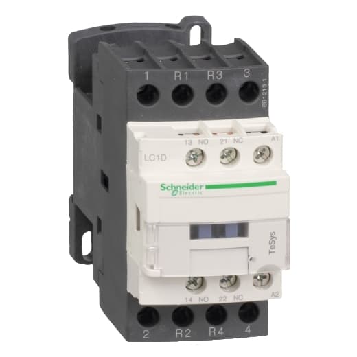 Schneider Electric LC1D258GD Schneider Electric LC1D258GD is a magnetic contactor from the Deca sub-range, designed with screw connections and four poles (4P; 2NO+2NC). It has a rated current of 40A (AC-1) and is suitable for DIN rail mounting. The contactor measures 45 mm in width and offers a degree of protection of IP20. It operates with a control voltage (DC) range of 94-156Vdc (125Vdc nominal; 0.75...1.25 x Uc) and has a rated operating voltage (Ue) of 690 V. This model includes 1 Normally Open (NO) and 1 Normally Closed (NC) auxiliary contacts, with a contacts type of 1NO+1NC instantaneous auxiliaries. It is designed to withstand a rated impulse voltage (Uimp) of 6 kV and has a mechanical durability of 15,000,000 operations at no load. The rated voltage (AC) for phase-to-phase connections is 690 V. LC1D258GD on Powermatic Associates