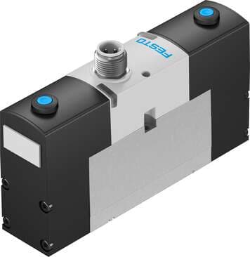 Festo 534539 solenoid valve VSVA-B-P53C-H-A1-1R2L with central plug, round design M8x1. Valve function: 5/3 closed, Type of actuation: electrical, Width: 26 mm, Operating pressure: 3 - 8 bar, Design structure: Piston slide 534539 on Powermatic Associates