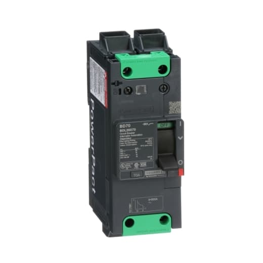 Schneider Electric BDL26070 Square D by Schneider Electric BDL26070 is a Moulded Case Circuit Breaker (MCCB) within the PowerPacT BDL sub-range, featuring a PowerPact B-Frame 100 TMD 2P 70A 600Y/347Vac 14kA design. It has a rated impulse voltage (Uimp) of 8 kV and utilizes Everlink (Creep compensating) lugs for connections on both line and load sides, offering a degree of protection of IP40. The rated current is 70A, with a rated voltage (AC) of 600Vac 600Y/347Vac. This MCCB is designed for mechanical durability of 20,000 operations at no load and can be mounted on a DIN rail or as an individual unit on a plate. It features 2 poles (2P), with dimensions of 137 mm in height, 80 mm in depth, and 54 mm in width. The utilisation category is A, and it includes protection settings for over-current fixed at 70A, short-circuit hold current fixed at 640A, and short-circuit trip current fixed at 960A. The rated voltage (DC) is 250Vdc, with a rated insulation voltage (Ui) of 800 V and a rated operating voltage (Ue) of 525 V. Protection functions include thermal protection for overload and magnetic protection for short-circuit, with a trip current rating of 70 AT. Its electrical durability with load is rated for 10,000 operations at 440Vac; In, and it has a frame current rating of 100 AF. The operating mode is toggle (manual), and it has a short circuit breaking rating of 25kA at 240Vac, 18kA at 480Vac, 18kA at 480Y/277Vac, 14kA at 600Y/347Vac, and 10kA at 250Vdc, all according to UL489 standards. The trip unit type is thermal-magnetic (fixed) with no display. BDL26070 on Powermatic Associates