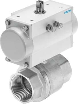Festo 8070245 ball valve actuator unit VZBM-A-3/4"-RP-25-D-2-B2-PB20 Brass, with single-acting actuator DFPD 2/2-way, nominal width 3/4", PN25, thread EN 10226-1. Design structure: (* 2-way ball valve, * Swivel drive), Type of actuation: pneumatic, Assembly position: A 8070245 on Powermatic Associates