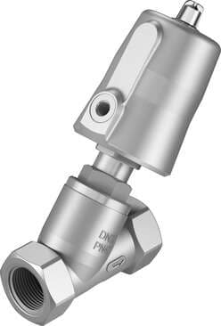 Festo 1002550 angle seat valve VZXF-L-M22C-M-B-N1-240-M1-V4V4T-50-10 Pneumatically actuated angle seat valve in stainless steel. Under seat version, safety position closed, NPT thread, nominal width 1". Design structure: Poppet valve with piston actuator, Type of actua 1002550 on Powermatic Associates