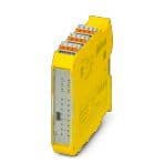 Phoenix Contact 1104975 Configurable safety module (basic module), 8 safe inputs, 4 safe outputs, 4 reset inputs or 4 signal outputs, 4 clock outputs, can be extended via TBUS, up to SILCL 3, Cat. 4/PL e, SIL 3, plug-in Push-in terminal block, TBUS connector not included 1104975 on Powermatic Associates