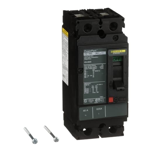 Schneider Electric HDL26040 Square D by Schneider Electric HDL26040 is a Moulded Case Circuit Breaker (MCCB) from the PowerPacT HDL sub-range, designed with a PowerPact H-Frame 150 TMD 2P 40A 600Vac/250Vdc 14kA with lugs at 80% rated for both load and line sides. This 2-pole (2P) circuit breaker offers thermal protection for overload scenarios and magnetic protection for short-circuit conditions. It has a rated current of 40A, with a rated insulation voltage (Ui) of 750 V, and operates at rated voltages of 600Vac 600Y/347Vac and 250Vdc. The unit is designed for individual mounting on a plate, with dimensions of 163 mm in height, 104 mm in width, and 86 mm in depth, and features an IP40 degree of protection. The operating mode is manual toggle, with over-current protection settings fixed at 40A, short-circuit hold current fixed at 400A, and short-circuit trip current fixed at 850A. It has a rated operating voltage (Ue) of 690 V, a rated impulse voltage (Uimp) of 8 kV, a trip current rating of 40 AT, a frame current rating of 150 AF, and a short circuit breaking rating that varies with voltage, up to 25kA at 240Vac according to UL489 standards. The trip unit type is thermal-magnetic (fixed) without a display, and it falls under utilisation category A. HDL26040 on Powermatic Associates
