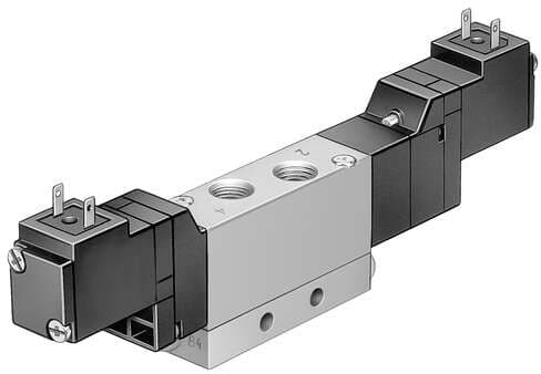 Festo 173148 solenoid valve MEH-5/3E-1/8-S-B Midi Pneumatic, with solenoid coil and manual override, without socket. Valve function: 5/3 exhausted, Type of actuation: electrical, Width: 17,8 mm, Standard nominal flow rate: 500 l/min, Operating pressure: -0,9 - 10 bar 173148 on Powermatic Associates