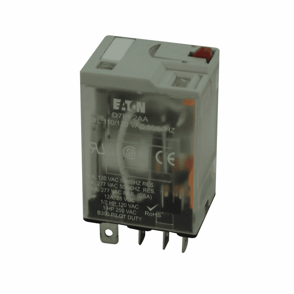 Eaton D7PF2AT D7PF2AT Eaton - D7 Series General Purpose Plug-In Relay, Full featured cover, 24V coil, 180 Ohms resistance, Plug-in terminal, DPDT contact configuration, 15A contact rating, Silver alloy contacts, IP40 enclosure D7PF2AT on Powermatic Associates