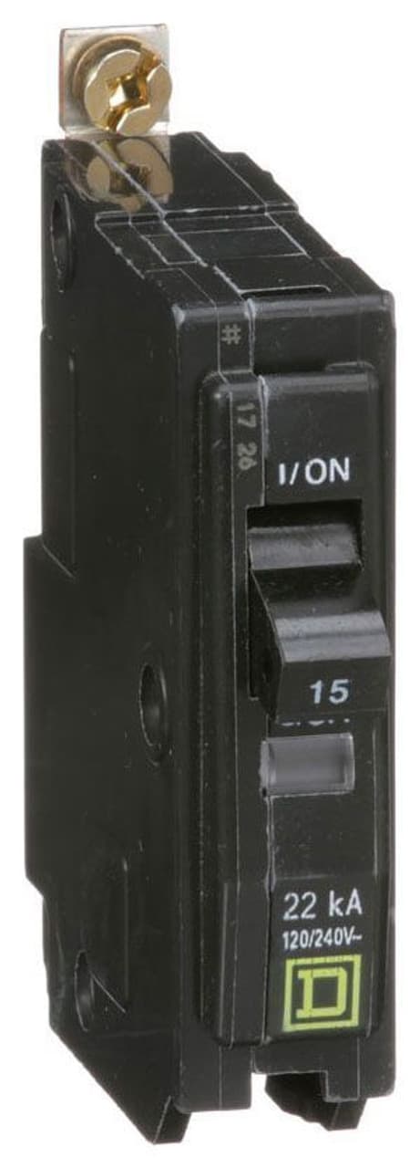 Schneider Electric QOB115VH Square D by Schneider Electric QOB115VH is a Miniature Circuit Breaker (MCB) designed for bolt-on mounting. It features a rated current of 15A and accommodates a bolt-on connection type. This MCB is suitable for use with a rated voltage of 120 V to 240 V and can handle wire sizes from 14-8AWG for one aluminum or copper cable. It is a single-pole circuit breaker with a short circuit breaking rating of 22kA at 240Vac. The QOB115VH is equipped with press plate type terminals for secure wire connections. QOB115VH on Powermatic Associates