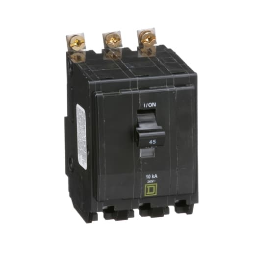 Schneider Electric QOB345 Square D by Schneider Electric QOB345 is a Miniature Circuit Breaker (MCB) designed for bolt-on mounting. It features a rated current of 45A and accommodates a bolt-on connection type. This MCB is compatible with both AC and DC circuits, having a rated voltage of 120V to 240V AC and 48V DC. It supports a wire cross-section of 8-2AWG for one aluminum or copper cable and is equipped with three poles. The QOB345 offers a short circuit breaking rating of 10kA at 240V AC and 5kA at 48V DC. Its terminals are box lugs, facilitating secure wire connections. QOB345 on Powermatic Associates