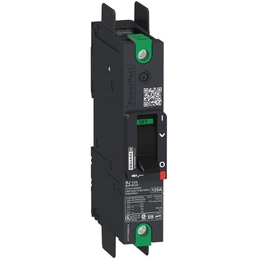 Schneider Electric BDF16015 Square D by Schneider Electric BDF16015 is a Moulded Case Circuit Breaker (MCCB) within the PowerPacT BDF sub-range, featuring a PowerPact B-Frame 100 TMD 1P-1t 15A 600Y/347Vac 14kA terminal nut 80% rated design. It has a rated impulse voltage (Uimp) of 8 kV and utilizes a terminal nut kit for fixed busbar connection on both line and load sides. The degree of protection is IP40, with a rated current of 15A and a rated voltage (AC) of 600Vac 600Y/347Vac. This MCCB offers mechanical durability of 15,000 operations and can be mounted either on a DIN rail or as an individual unit on a plate. It is a 1-pole (1P) device with dimensions of 137 mm in height, 80 mm in depth, and 27 mm in width. The utilisation category is A, and it features over-current protection fixed at 15A, short-circuit hold current fixed at 400A, and short-circuit trip current fixed at 600A. The rated voltage (DC) is 125Vdc, with a rated insulation voltage (Ui) of 800 V and a rated operating voltage (Ue) of 240 V. Protection functions include thermal protection for overload and magnetic protection for short-circuit, with a trip current rating of 15 AT. Its electrical durability with load is 10,000 operations at 240Vac; In, and it has a frame current rating of 100 AF. The operating mode is toggle (manual), and it has a short circuit breaking rating of 25kA at 240Vac, 18kA at 480Vac, 18kA at 480Y/277Vac, 14kA at 600Y/347Vac, and 10kA at 250Vdc, all according to UL489. The trip unit type is thermal-magnetic (fixed) with no display. BDF16015 on Powermatic Associates