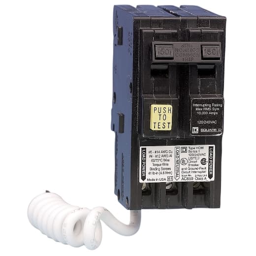 Schneider Electric HOM250GFICP Square D by Schneider Electric HOM250GFICP is a Ground Fault Interrupter (GFI) Miniature Circuit Breaker (MCB) designed for plug-in connections. This 2-pole circuit breaker offers ground fault protection with a rated current of 50A and supports a rated voltage of 120V to 240V AC. It is engineered for plug-in mounting and accommodates a cross-section of 12-4AWG (1 cable Al). The HOM250GFICP features a residual current sensitivity of 6mA/0.006 and has a short circuit breaking rating of 10kA at 120Vac. Its terminals are of the screw clamp type, facilitating secure and reliable connections. HOM250GFICP on Powermatic Associates