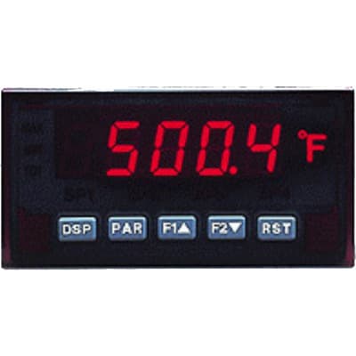 Red Lion PAXT0000 Red Lion PAXT0000 is a universal digital temperature meter part of the PAX series, designed with 3 user inputs and a 1/8 DIN horizontal configuration measuring 96mm in width and 48mm in height (3.80" x 1.95"). It features 14.2mm red digits and has communication capability. This thermometer offers an IP65 NEMA 4X degree of protection and operates on a supply voltage of 11-36Vdc, including 12Vdc and 24Vdc options. It supports a 20Hz analog input sampling rate and includes 1 analog input that accommodates a variety of signals including 4-20mA, 0-20mA, 0-10Vdc, multiple thermocouple types (T, E, J, K, R, S, B, N, C), Pt100, and Ni120 RTDs DC with 16-bits conversion and an accuracy range of 0.12% to 0.7%. Additionally, it features 3 digital inputs (Sink/Source) for user input and 1 analog output for retransmission. PAXT0000 on Powermatic Associates