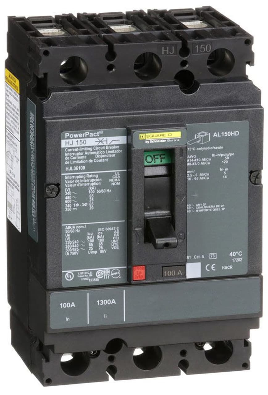 Schneider Electric HJL36100 Square D by Schneider Electric HJL36100 is a Moulded Case Circuit Breaker (MCCB) within the PowerPacT HJL sub-range, featuring a PowerPact H-Frame 150 TMD design. It is a 3-pole (3P) device with a rated current of 100A and offers thermal protection for overload and magnetic protection for short-circuit scenarios. The breaker is designed for a rated insulation voltage (Ui) of 750 V, with an AC rated voltage of 600Vac and 600Y/347Vac, and a DC rated voltage of 250Vdc. It supports a mounting mode of individual unit mount on plate, with dimensions of 163 mm in height, 104 mm in width, and 86 mm in depth. The device has an IP40 degree of protection and operates manually via a toggle. Protection settings include over-current fixed at 100A and short-circuit protection with a hold current fixed at 900A and a trip current fixed at 1700A. The rated operating voltage (Ue) is 690 V, with a rated impulse voltage (Uimp) of 8 kV. The trip current rating is 100 AT, with a frame current rating of 150 AF. It has a short circuit breaking rating of up to 100kA at 240Vac, 65kA at 480Vac and 480Y/277Vac, 25kA at 600Vac and 600Y/347Vac, and 20kA at 250Vdc, all according to UL489 standards. The trip unit type is thermal-magnetic (fixed) without a display, and it falls under utilisation category A. Connections are made via lugs on both load and line sides. HJL36100 on Powermatic Associates