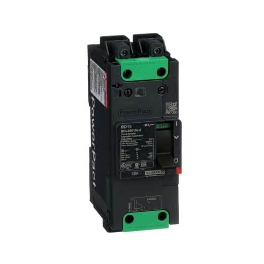 Schneider Electric BDL26015LU Square D by Schneider Electric BDL26015LU is a Moulded Case Circuit Breaker (MCCB) within the PowerPacT BDL sub-range, featuring a PowerPact B-Frame 100 TMD 2P 15A 600Y/347Vac 14kA design. It includes Everlink (Creep compensating) lugs on both line and load sides and a Control Wire terminal (CWT) on the line side only. This MCCB offers a degree of protection of IP40 and has a rated current of 15A with a rated voltage (AC) of 600Vac 600Y/347Vac. It is designed for fixed mounting on a DIN rail or as an individual unit mount on a plate, with a 2-pole (2P) configuration. The net dimensions are 137 mm in height, 80 mm in depth, and 54 mm in width. It is categorized under Utilisation category A and features protection settings for over-current fixed at 15A, short-circuit hold current fixed at 400A, and short-circuit trip current fixed at 600A. The rated voltage (DC) is 250Vdc, with a rated insulation voltage (Ui) of 800 V and a rated operating voltage (Ue) of 525 V. Protection functions include thermal protection for overload and magnetic protection for short-circuit, with a trip current rating of 15 AT. The electrical durability with load is rated for 10,000 operations at 440Vac; In, and the frame current rating is 100 AF. The operating mode is manual toggle, and the short circuit breaking rating varies from 25kA at 240Vac to 10kA at 250Vdc, according to UL489 standards. The trip unit type is thermal-magnetic (fixed) with no display. BDL26015LU on Powermatic Associates