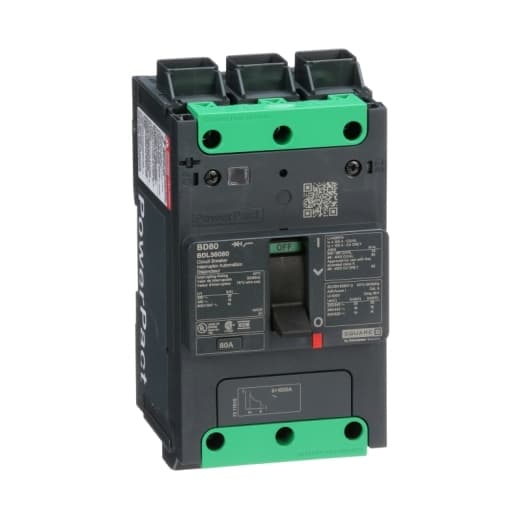 Schneider Electric BDL36080 Square D by Schneider Electric BDL36080 is a Moulded Case Circuit Breaker (MCCB) within the PowerPacT BDL sub-range. It features a PowerPact B-Frame 100 TMD design with 3 poles (3P) and an 80A rating at 600Y/347Vac with a 14kA breaking capacity and Everlink (Creep compensating) lugs on both line and load sides for connection. This MCCB has a rated impulse voltage (Uimp) of 8 kV, an IP40 degree of protection, and is designed for fixed mounting on DIN rail or as an individual unit mount on a plate. It offers a mechanical durability of 20,000 operations at no load and an electrical durability of 10,000 operations with load at 440Vac. The rated current is 80A, with a rated voltage (AC) of 600Vac 600Y/347Vac, and a rated voltage (DC) of 250Vdc. The rated insulation voltage (Ui) is 800 V, with a rated operating voltage (Ue) of 525 V. It provides protection functions including thermal protection (overload) and magnetic protection (short-circuit), with fixed protection settings for over-current at 80A, short-circuit hold current at 800A, and short-circuit trip current at 1200A. The trip unit type is thermal-magnetic (fixed) without a display, and it operates via a toggle (manual) mechanism. The frame current rating is 100 AF, and the short circuit breaking ratings vary by voltage, including 25kA at 240Vac, 18kA at 480Vac and 480Y/277Vac, and 14kA at 600Y/347Vac under UL489 standards. The MCCB has a net height of 137 mm, a net depth of 80 mm, and a net width of 81 mm, falling under utilisation category A. BDL36080 on Powermatic Associates